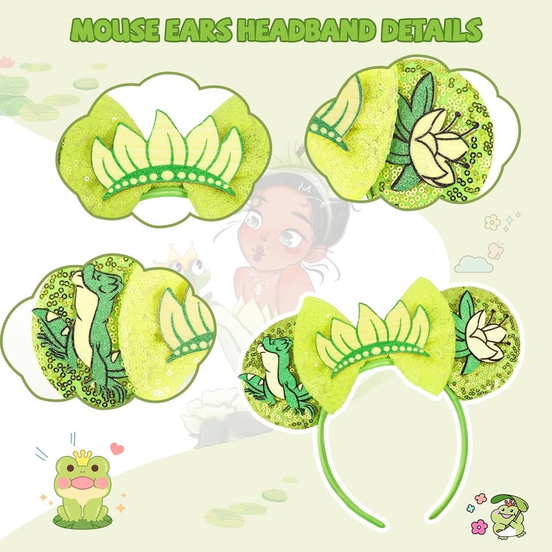 ETLUK Mouse Ears Headband，Princess Green Mouse Ears for Adult Women Girls, Frog Parks Ears with Sequin Bow for Cosplay Accessories Party - Image 3